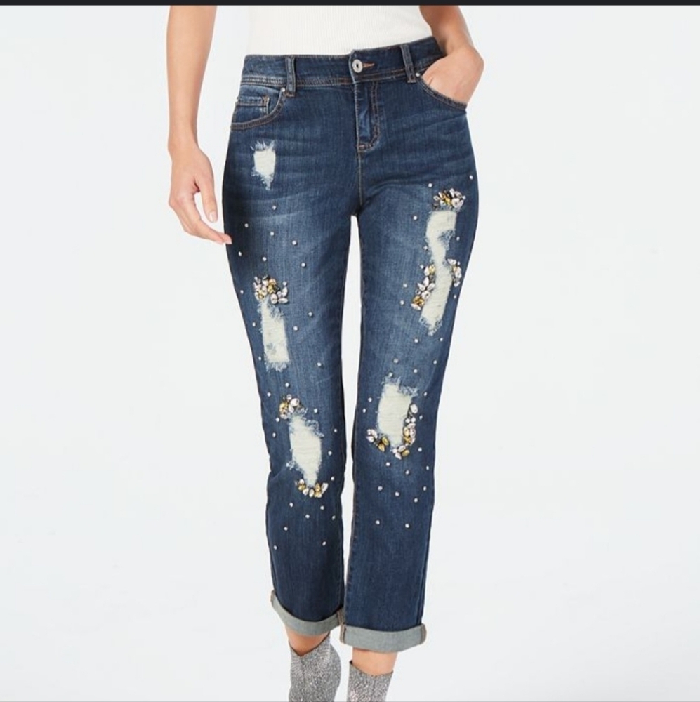INC  Crystal-Embellished Distressed Boyfriend Jeans Size 4 Regular Fit